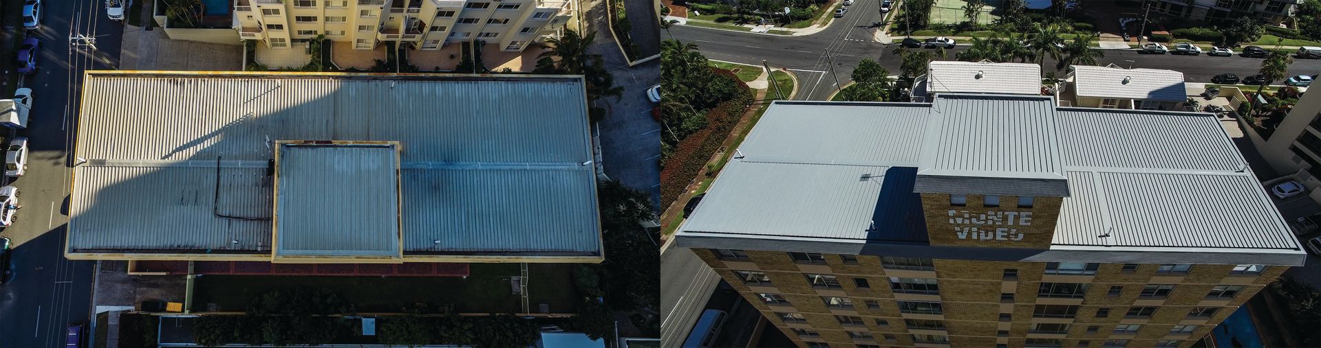 Aerial view of two rooftops, one blue metal and one light gray, with a tree-lined courtyard between them
