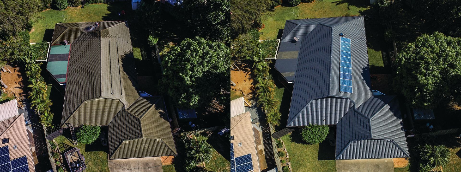 Aerial view of two neighboring houses with dark roofs, surrounded by trees and greenery.