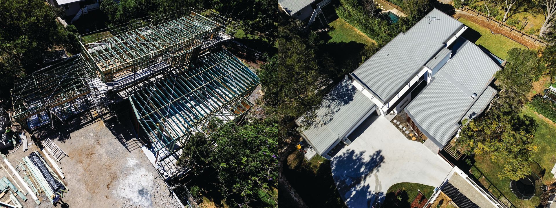 Aerial view of a greenhouse and adjacent white-roofed buildings surrounded by trees and gardens