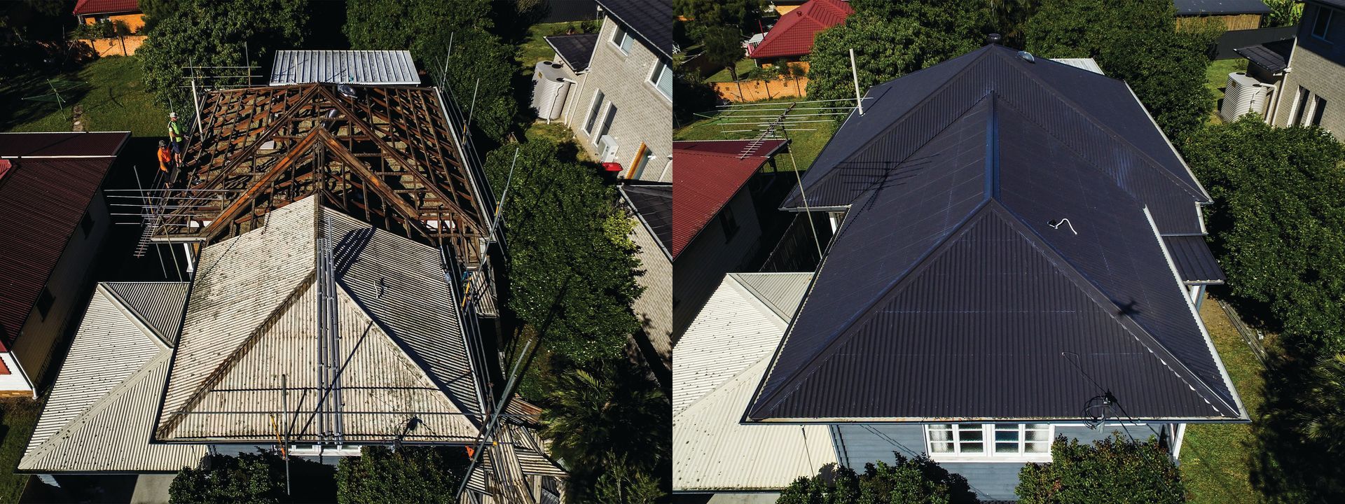Aerial view of two houses with damaged roofs, one tarped and one dark gray, surrounded by trees.