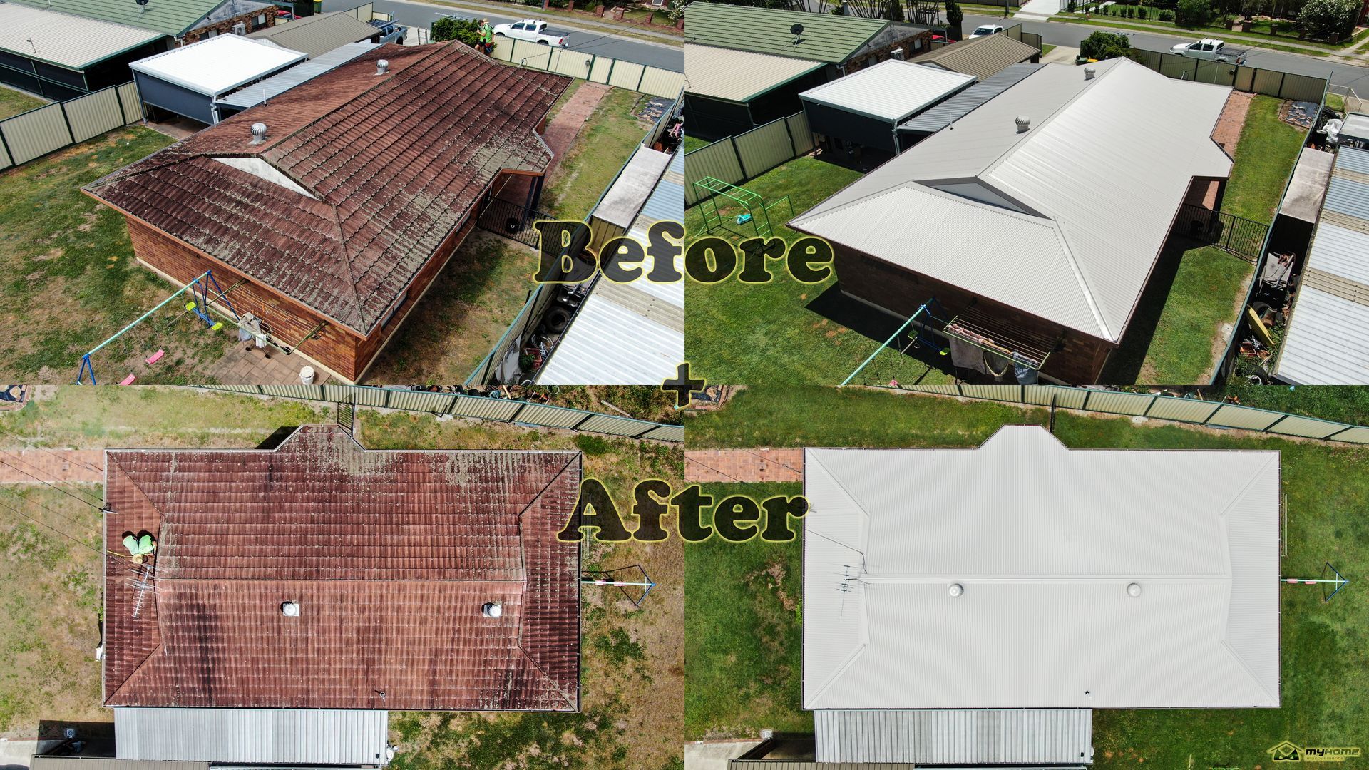 Before-and-after aerial view of a roof: old brown roof replaced with a white metal roof.