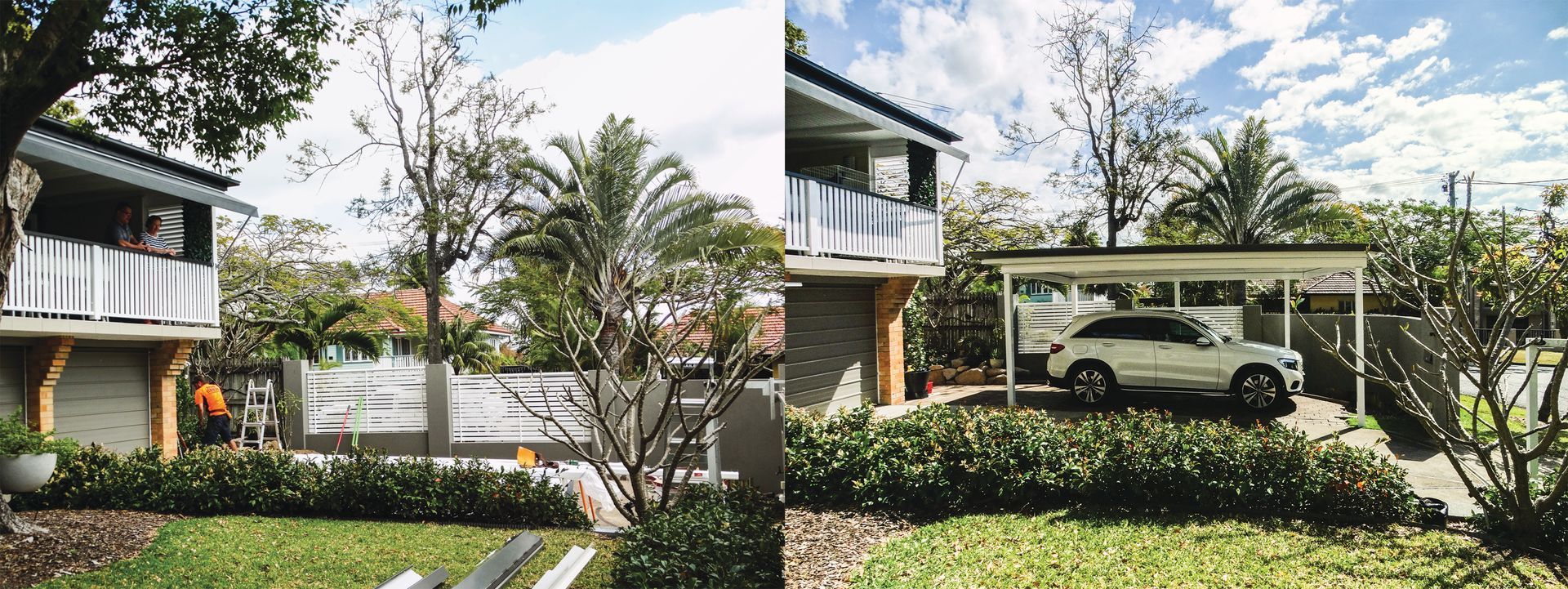 Modern house with white SUV parked under a carport, surrounded by trees and a green garden.