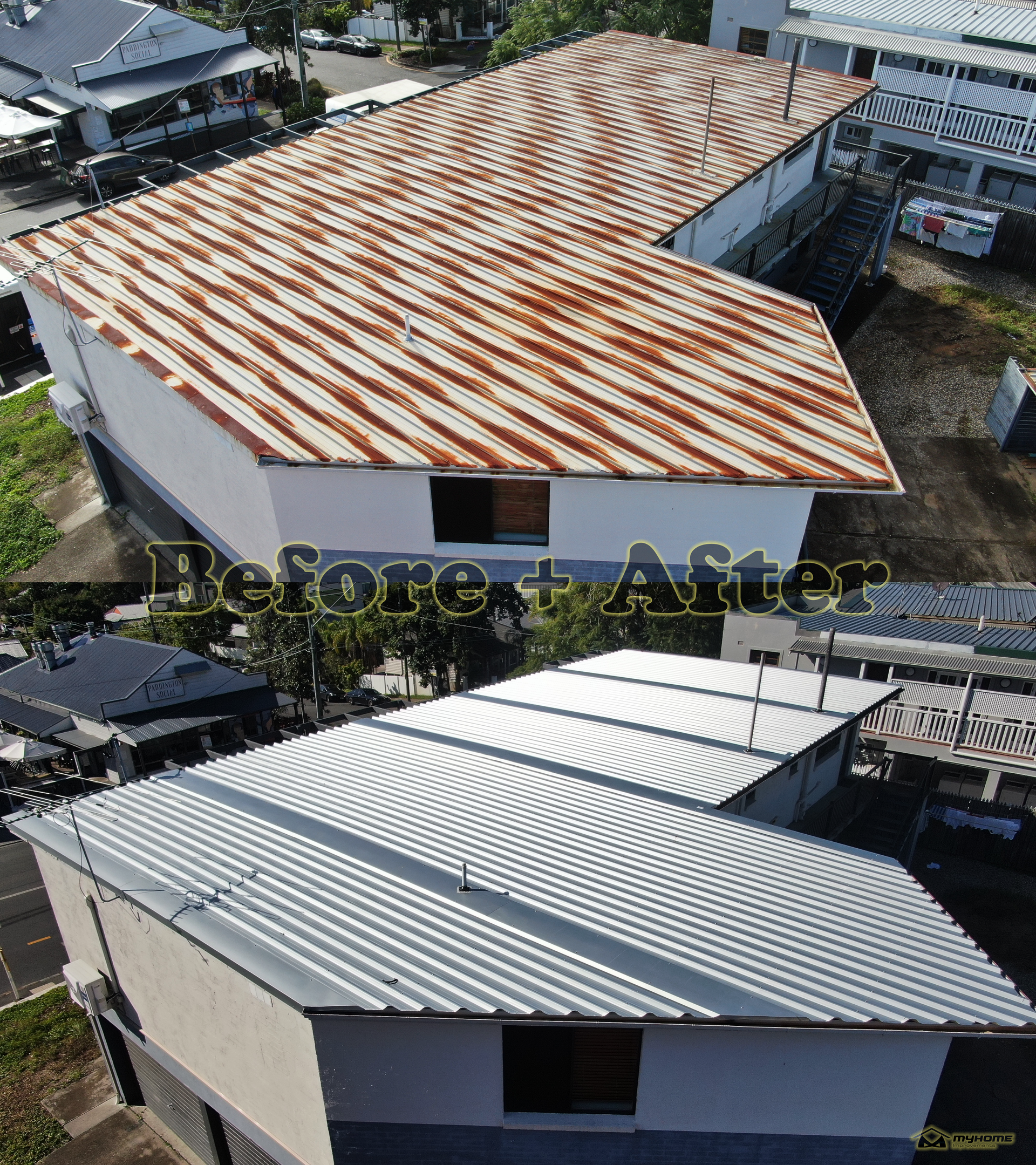 Two roof views of a small building: rusted corrugated metal above, white metal roofing below.