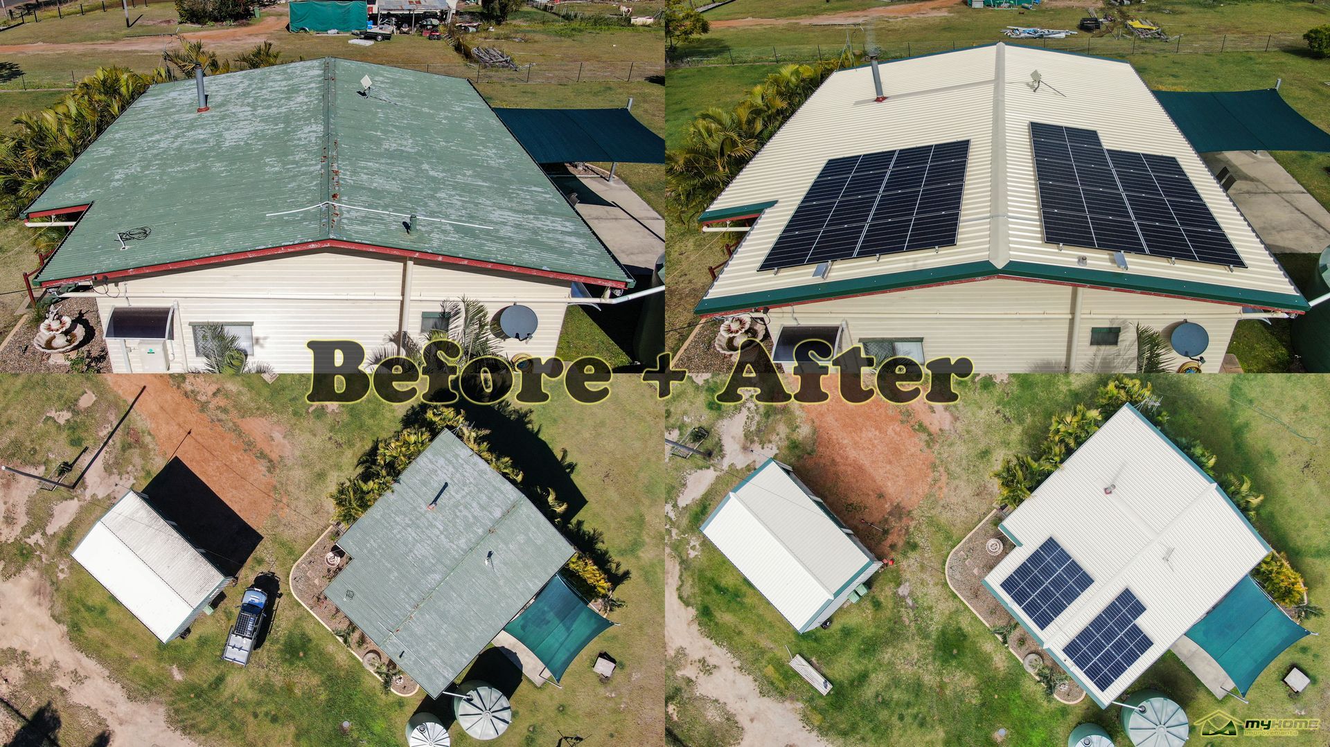 Aerial before-and-after of a house roof with solar panels added to a rural property.