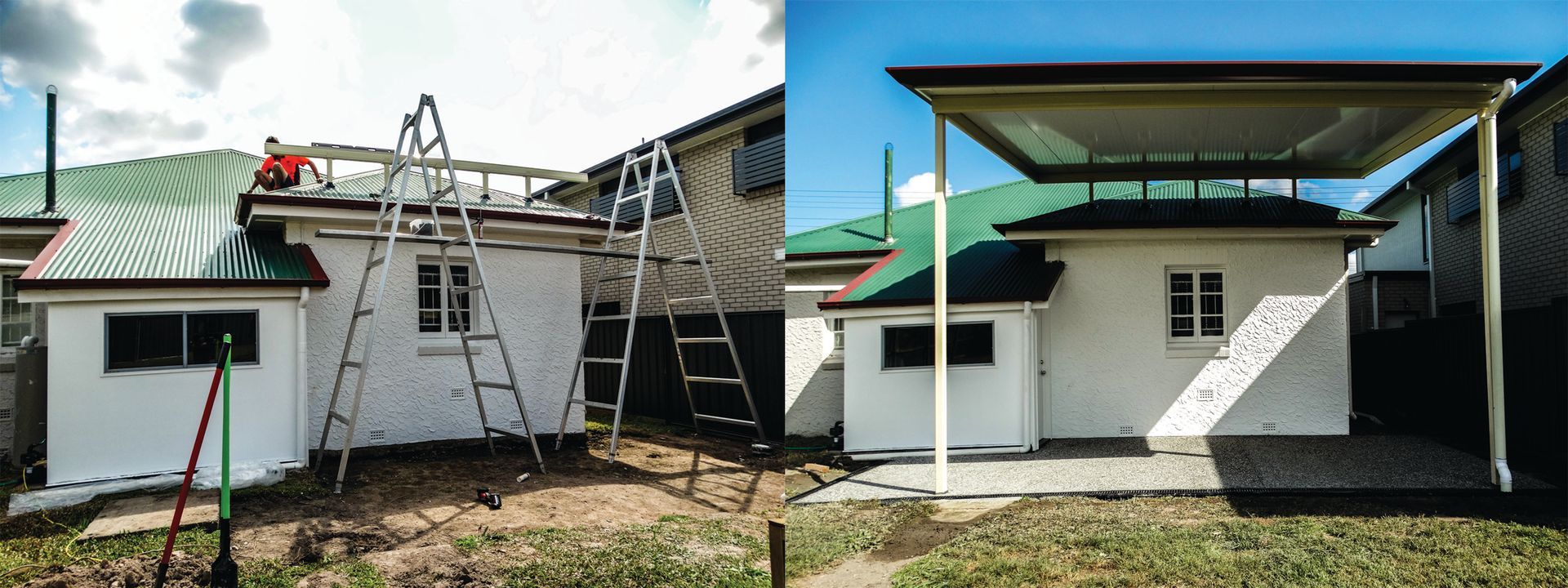 Before-and-after view of a small white house roof being repaired.