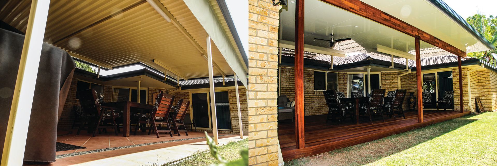 Open-sided brick patio with tables and chairs under a yellow awning, viewed from two angles