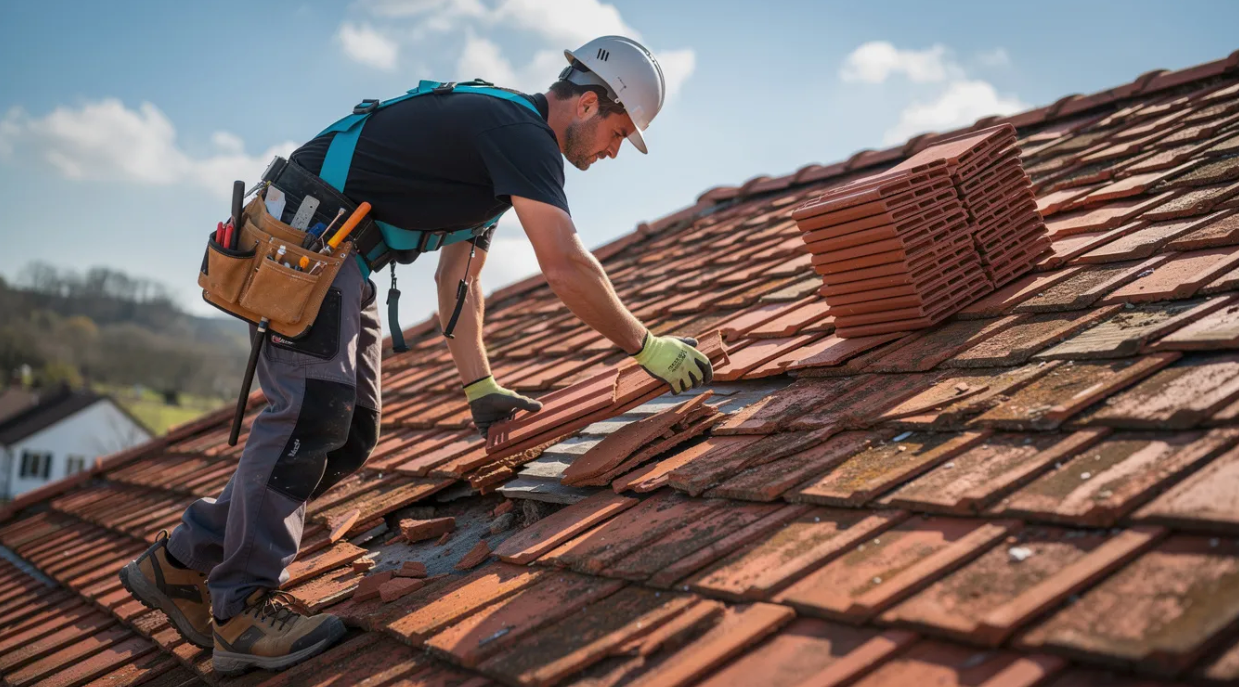 Roof worker repairing red tile roof with tools on a house rooftop.