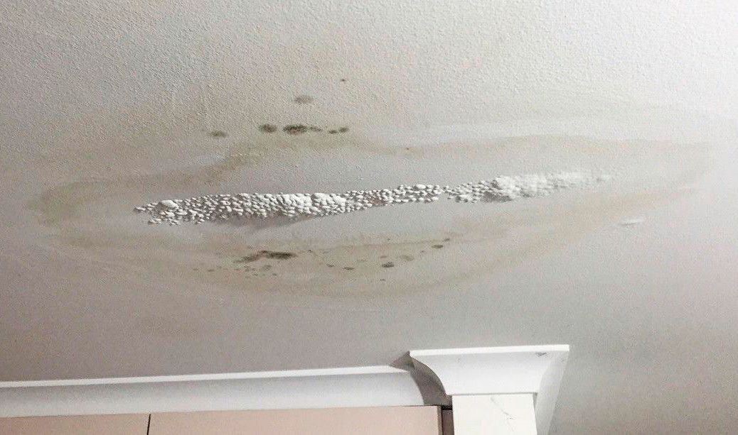 Water-stained ceiling with peeling paint above a white wall trim.