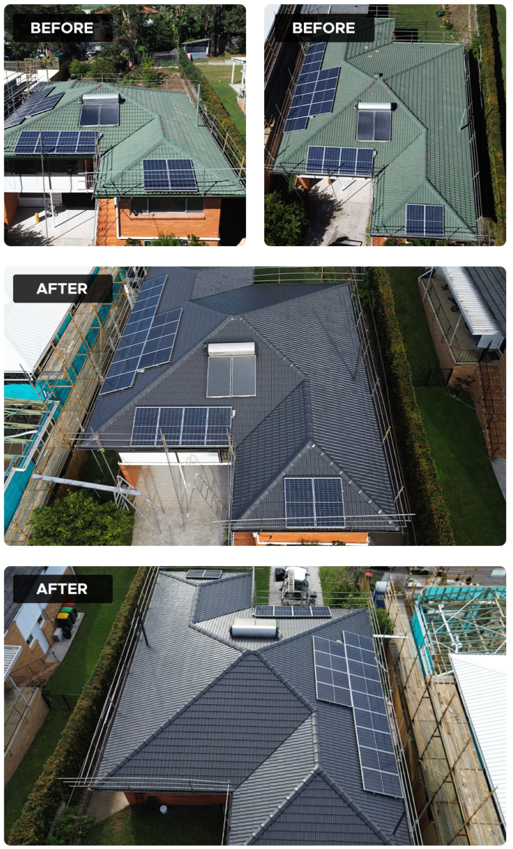 Before-and-after aerial views of a house roof replacement with dark gray shingles