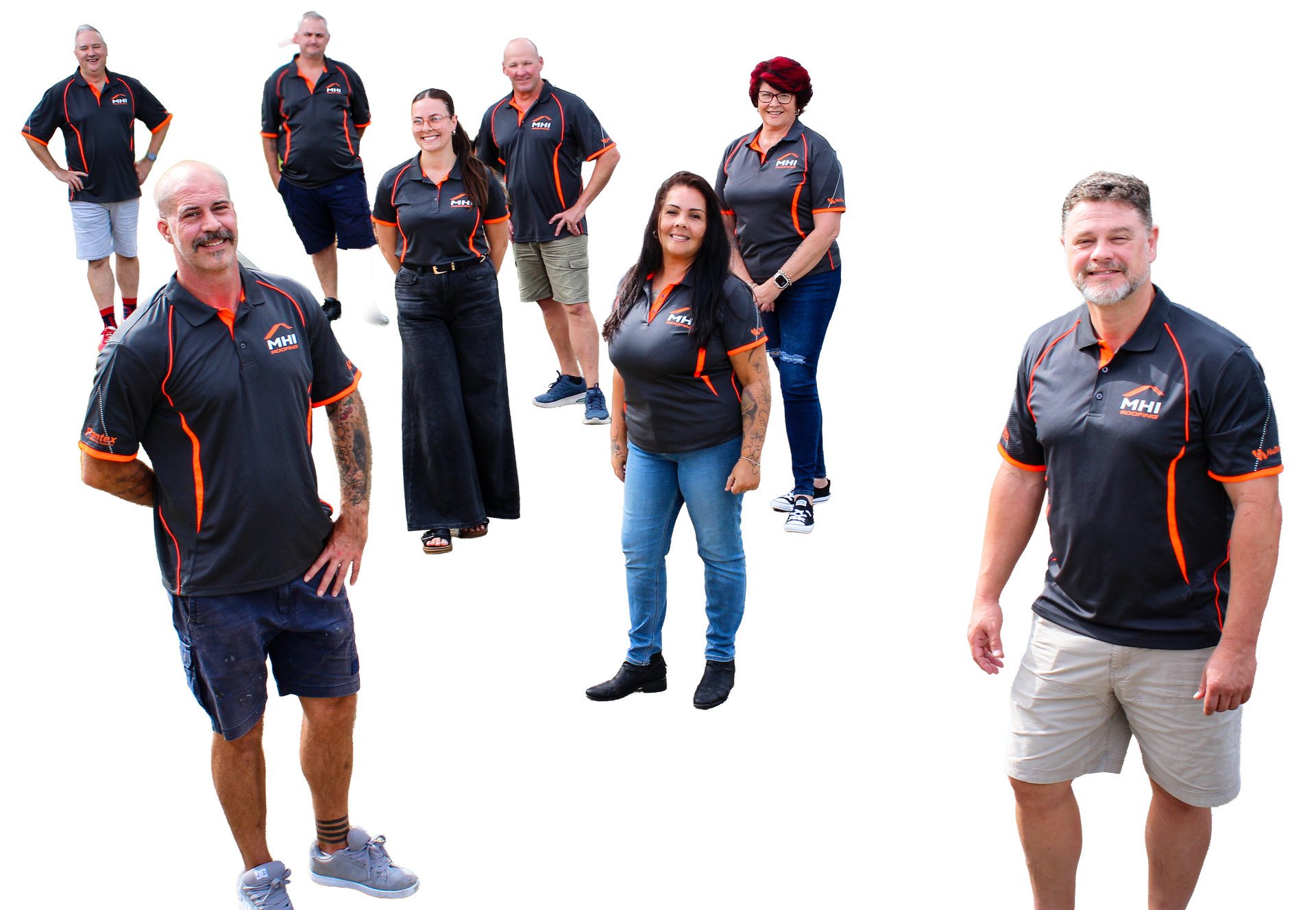 Group of seven people in black-and-orange team shirts posing on a white background