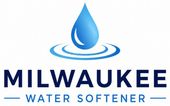 Milwaukee Water Softener Logo with Blue Water Droplet, Ripple Graphic, and Company Name in Milwaukee, WI