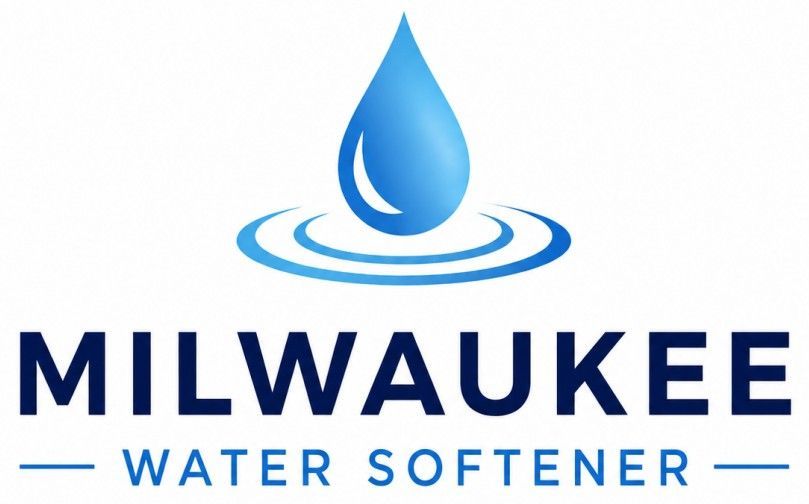 Milwaukee Water Softener Logo with Blue Water Droplet, Ripple Graphic, and Company Name in Milwaukee, WI