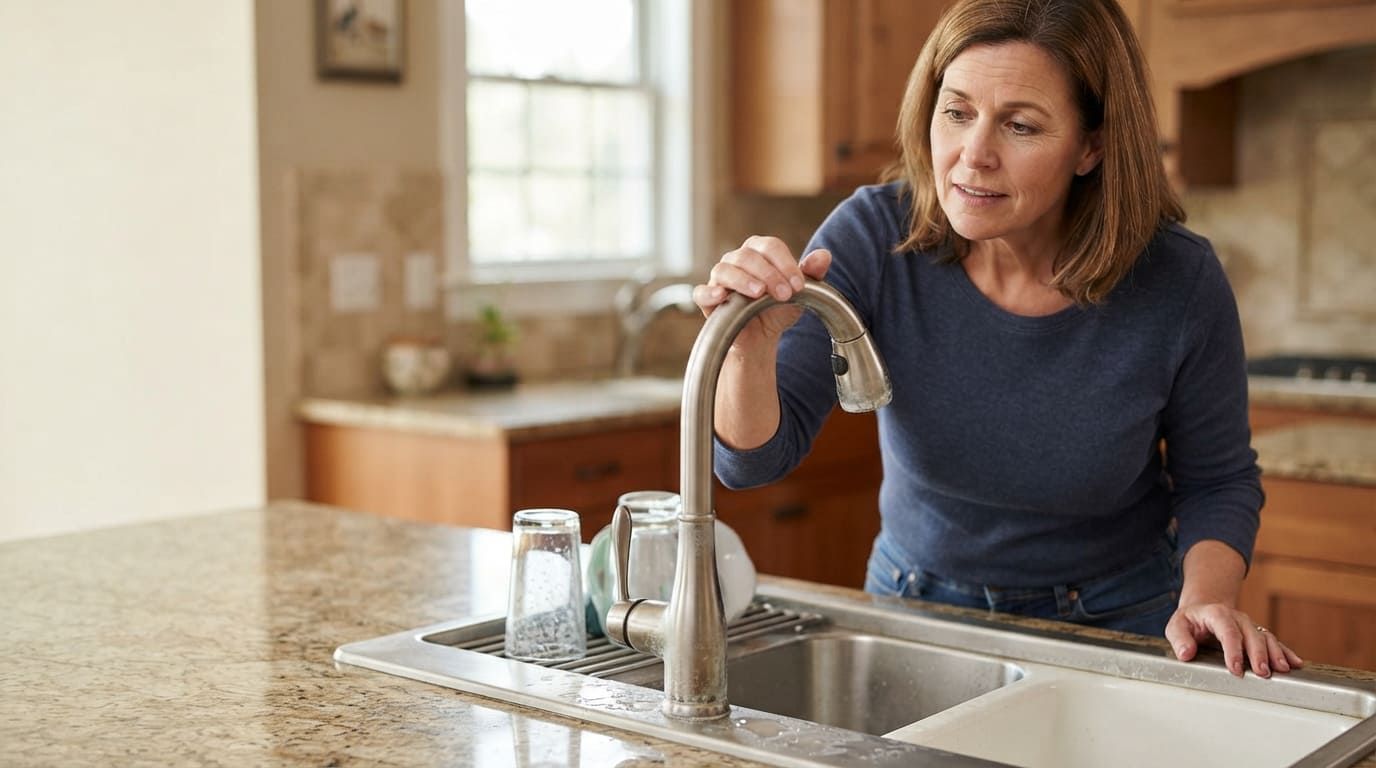 Woman examining the end of a kitchen faucet for mineral buildup