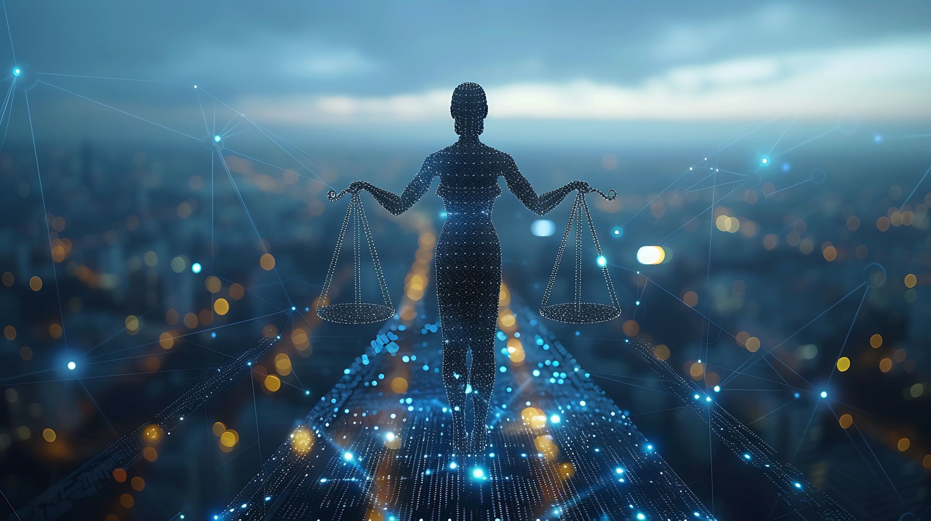 Statue of justice with scales overlaid on a city at dusk, connected by blue lights.