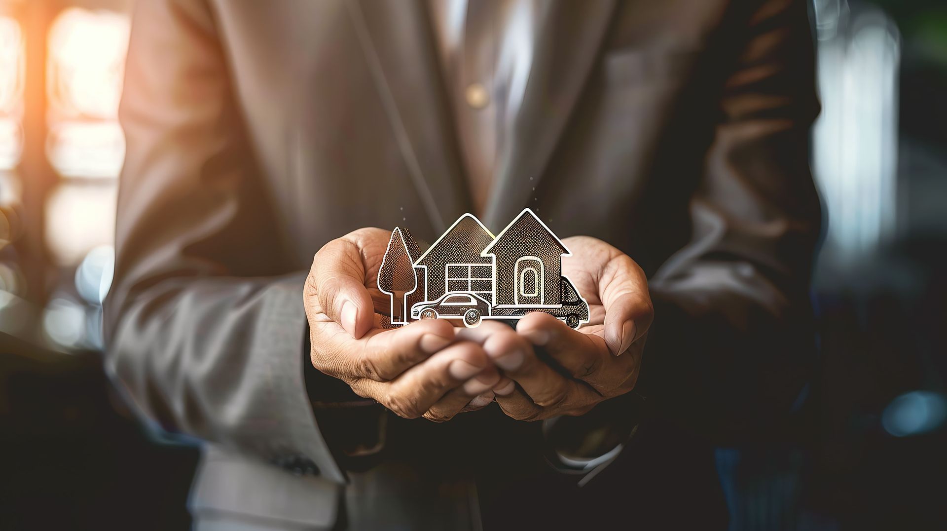 Person in suit holding miniature houses.