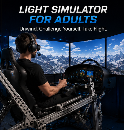 Person in a flight simulator cockpit, reaching towards controls with runway in background.