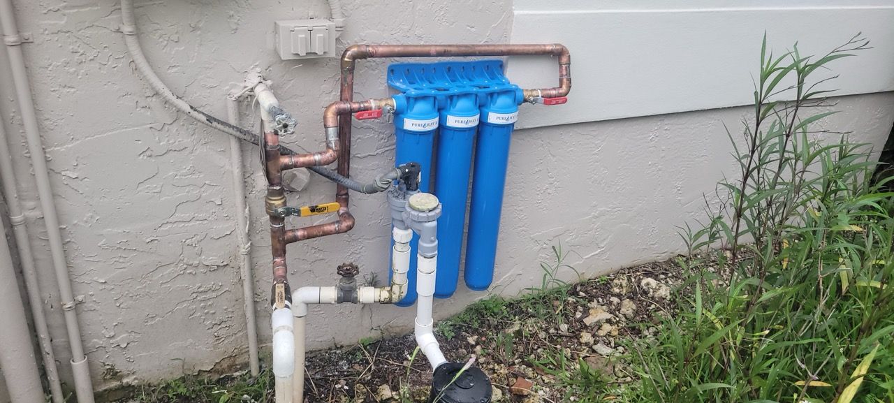 Blue water filtration system mounted on an exterior wall beside white pipes and greenery