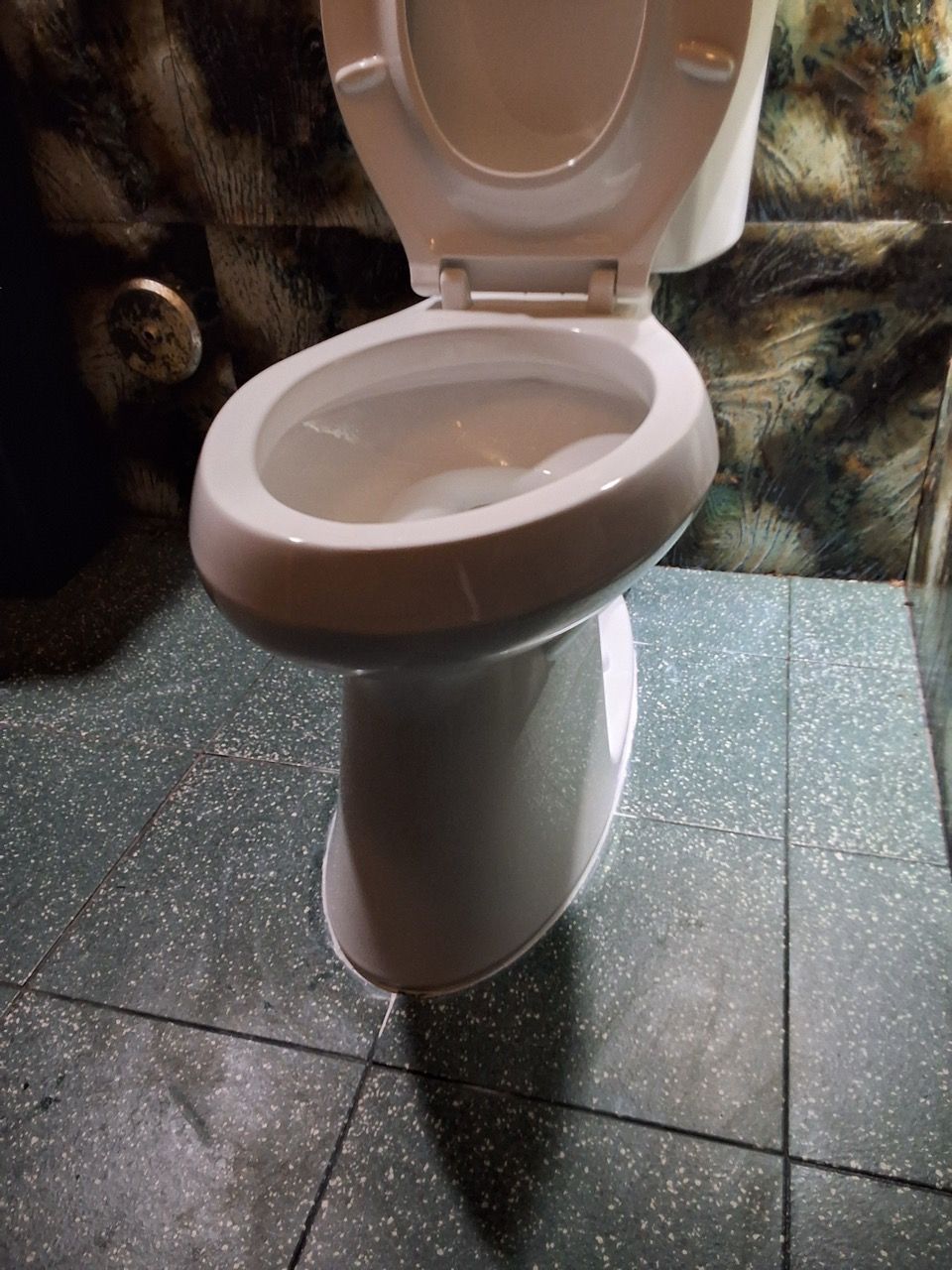 Toilet in a tiled bathroom with the lid up