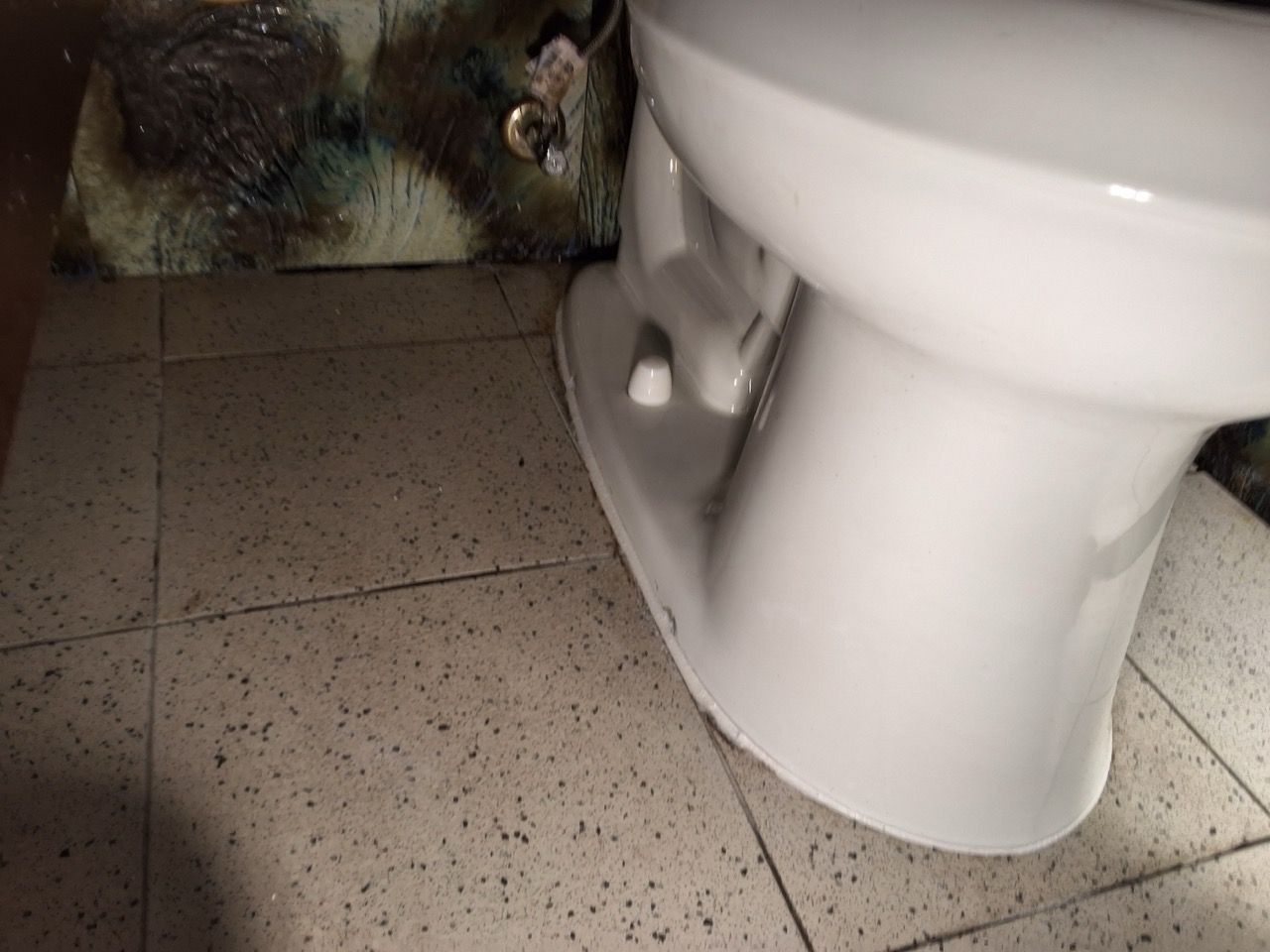 Cat peeking from behind a white toilet in a tiled bathroom