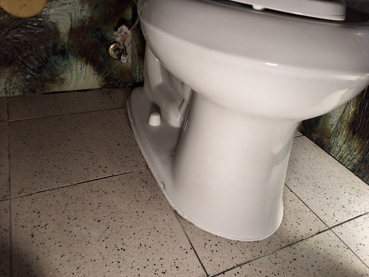 White toilet in a bathroom with speckled tile floor and dark wall stain behind it