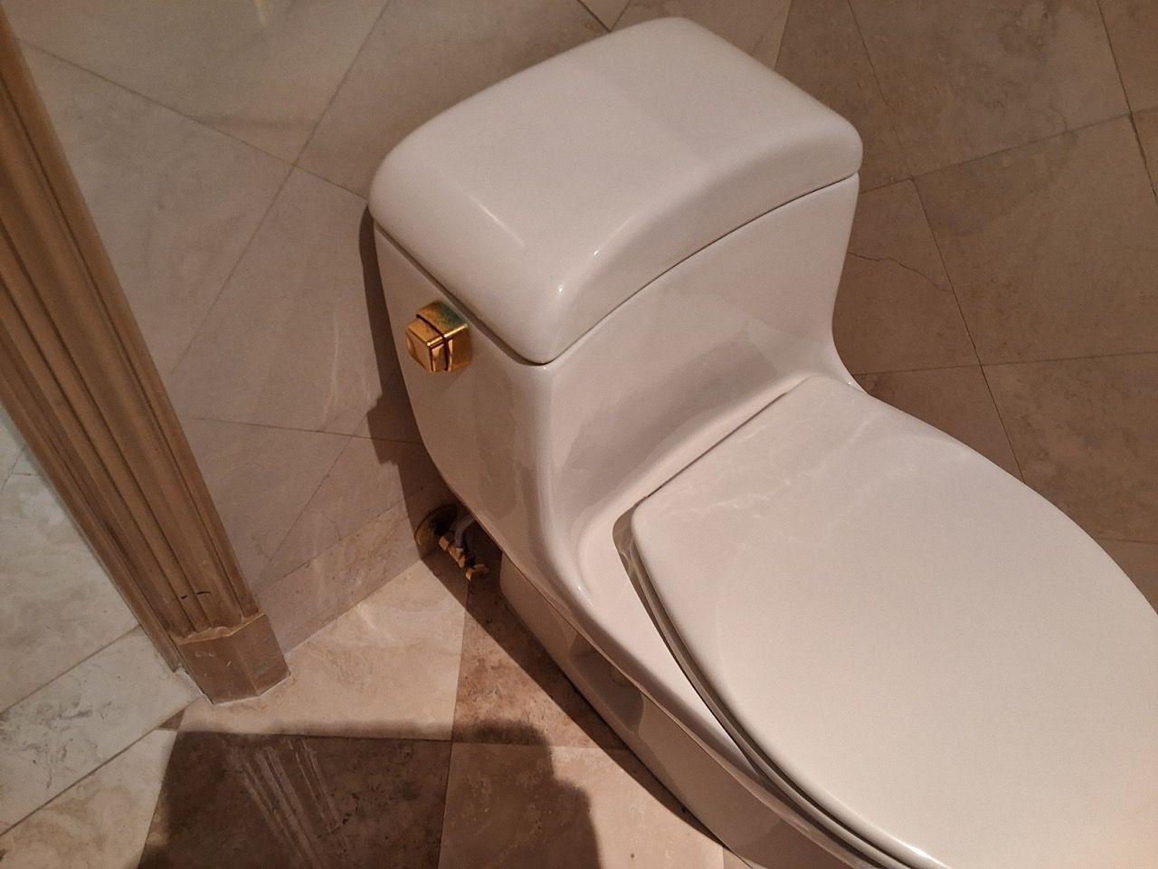 White toilet with gold flush handle in a tiled bathroom corner