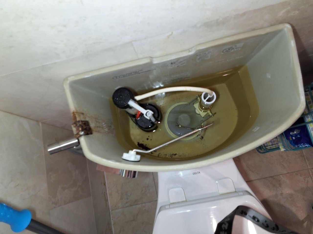 Open toilet tank with visible float valve and water, showing plumbing components inside the cistern