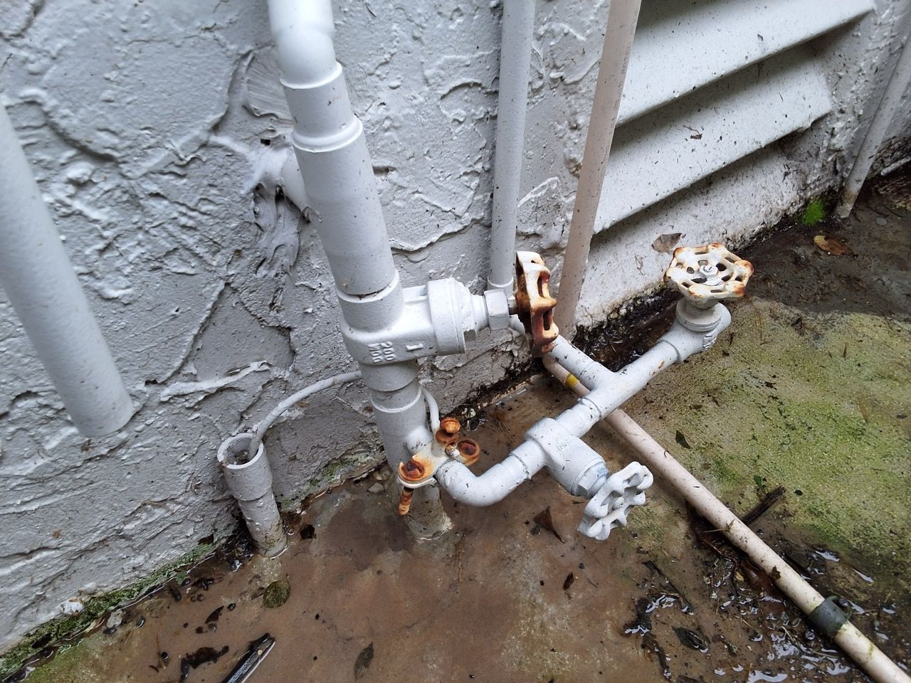 Rusty outdoor plumbing pipes against a stucco wall, with water or mud pooled on the ground.