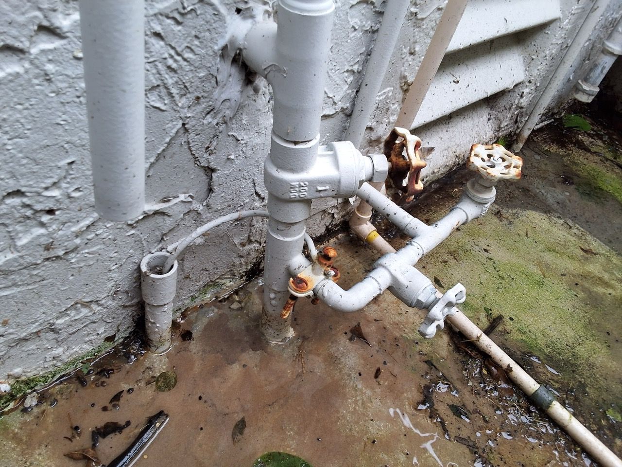 Leaking outdoor plumbing pipes with rust and muddy water pooling against a wall