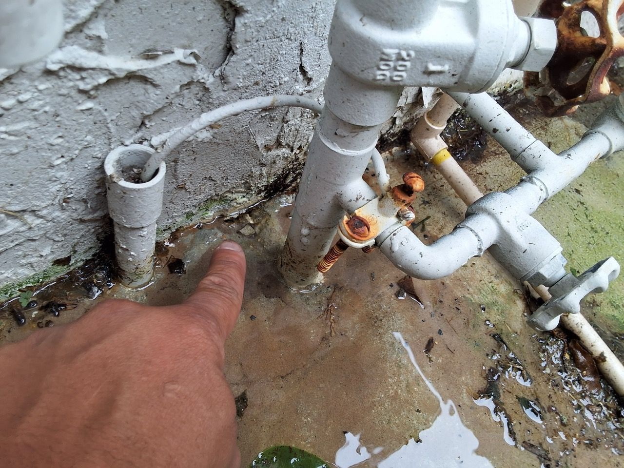 Hand pointing at a leaking outdoor pipe and valve assembly with water pooling on the ground