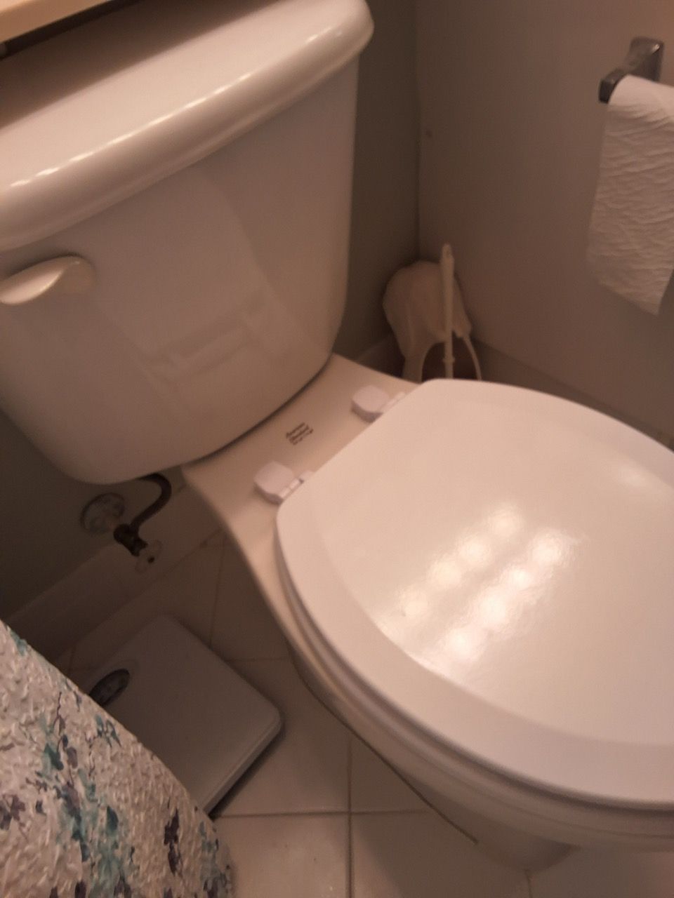 Small bathroom with toilet, closed lid, and a toilet paper holder on the wall.