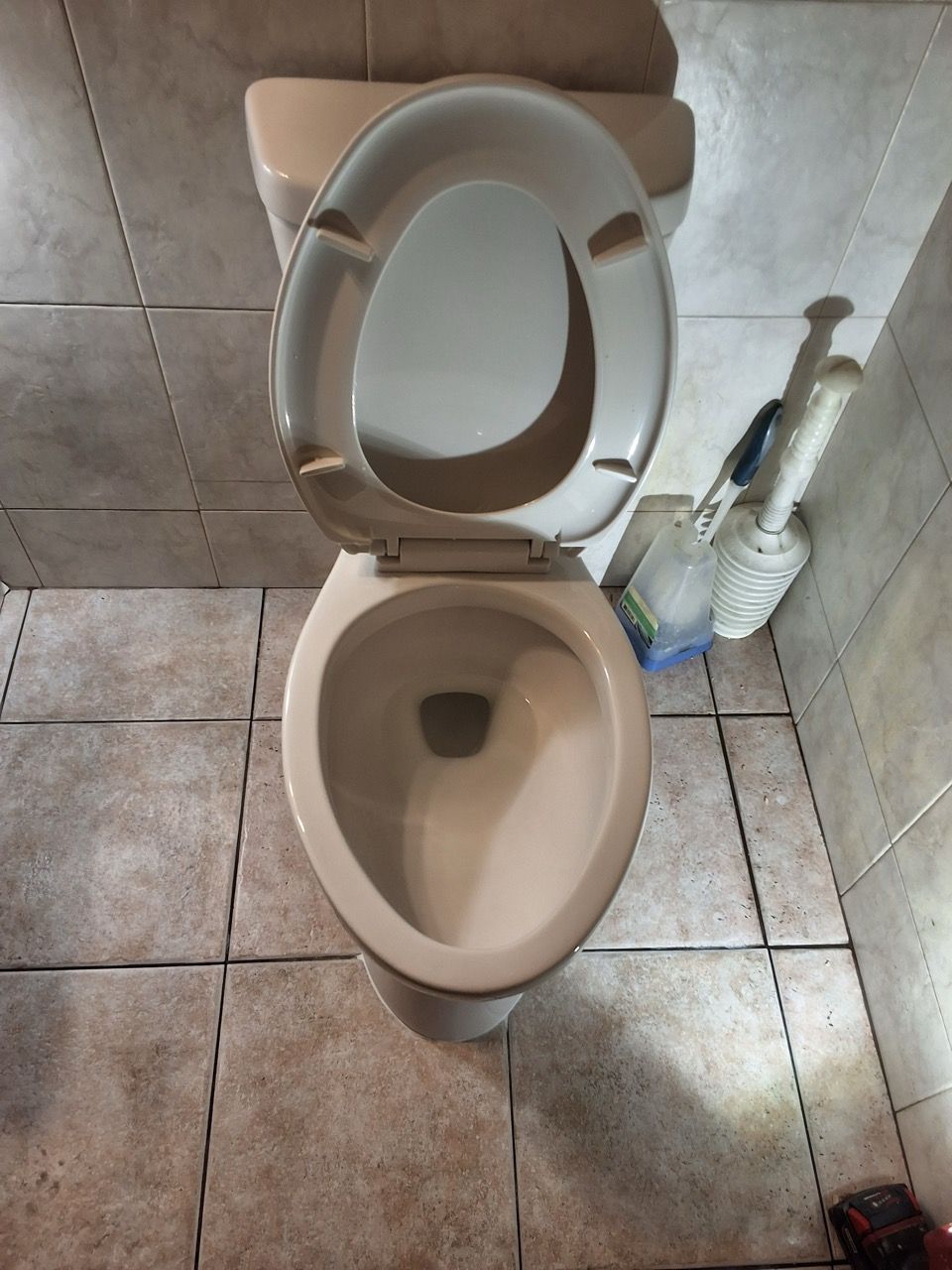 Open toilet with white seat and tiled bathroom floor, with a toilet brush and cleaner beside it.