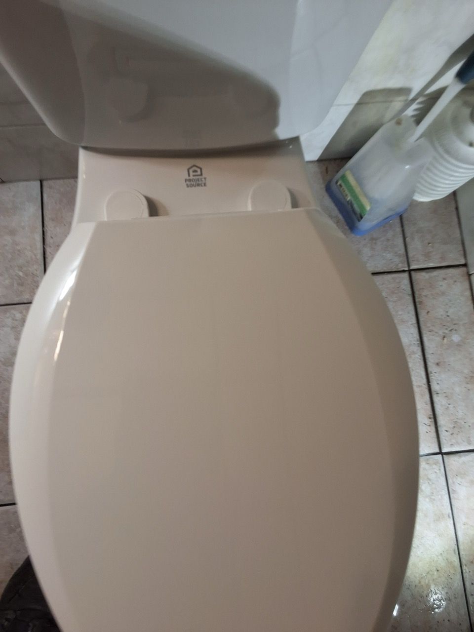 Closed beige toilet seat in a small bathroom, with tiled floor and a toilet brush holder nearby.