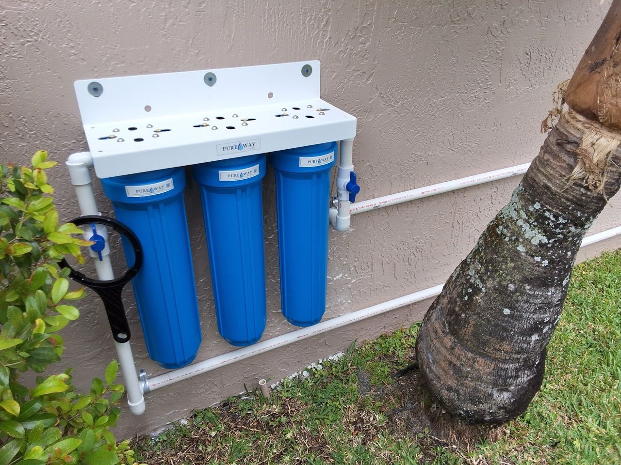 Blue water filter system mounted outdoors beside a wall and tree trunk