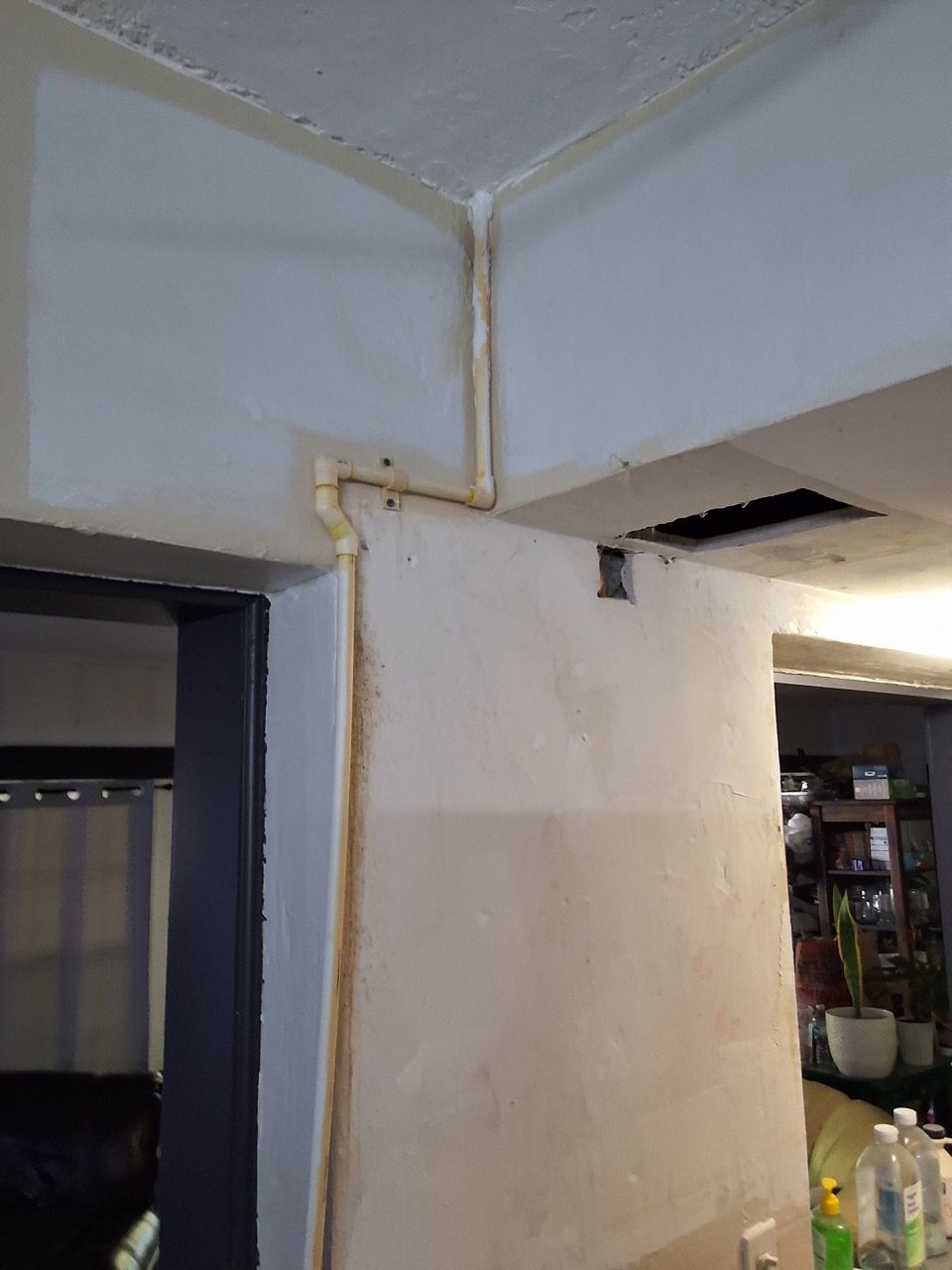 Damaged indoor ceiling corner with peeling paint and visible water stain near a doorway