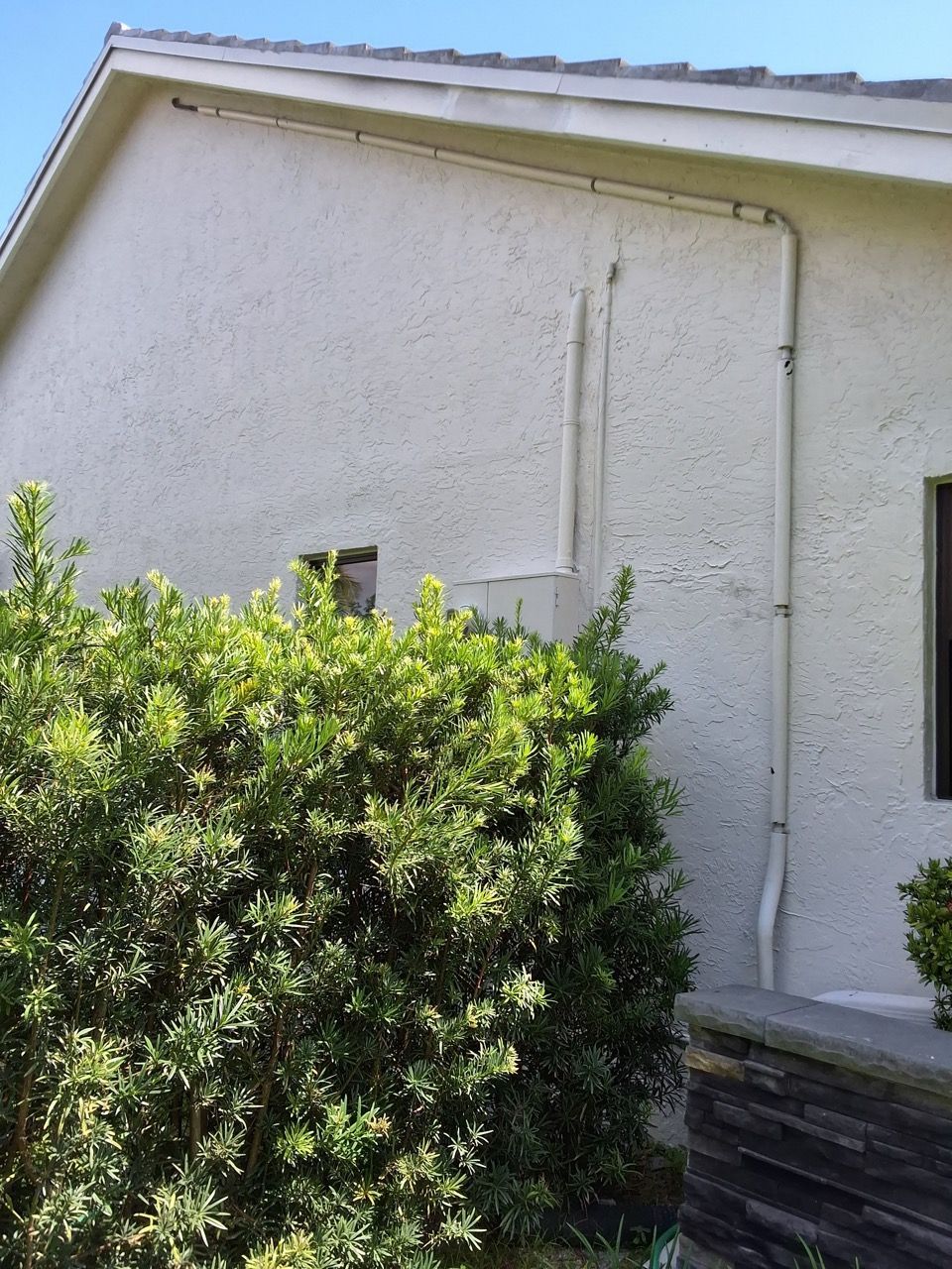 White stucco house wall with roofline, a leafy green shrub in front, and a pipe running down the side