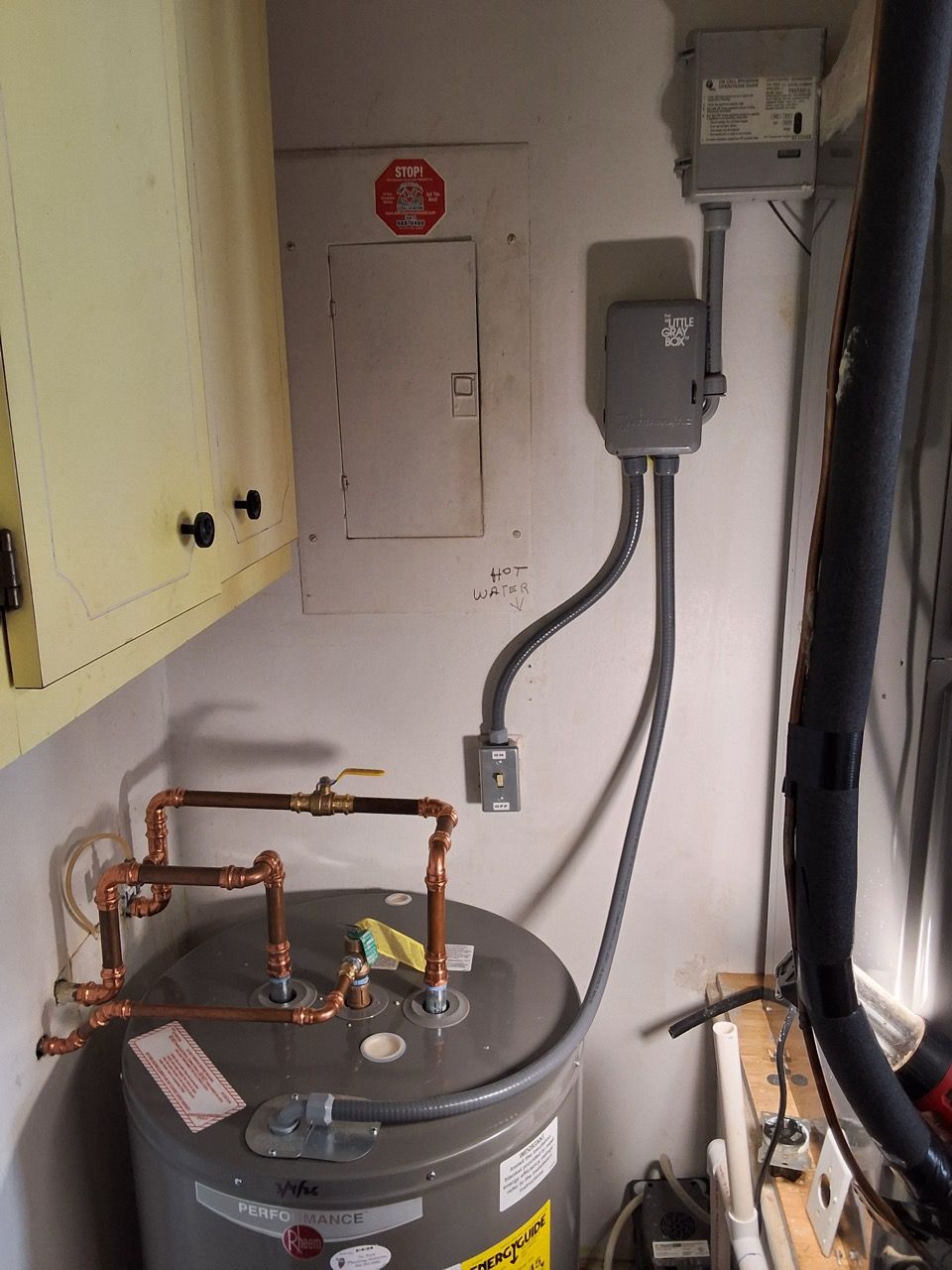 Residential water heater with copper pipes and gray electrical boxes in a utility closet