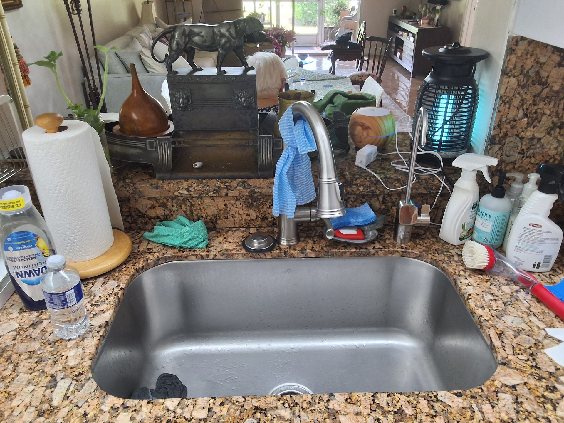 Kitchen sink and granite countertop cluttered with dishes, soap bottles, paper towels, and cleaning supplies.