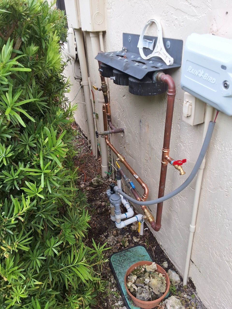Outdoor water pipes, meter, and valves mounted beside a house wall with plants nearby
