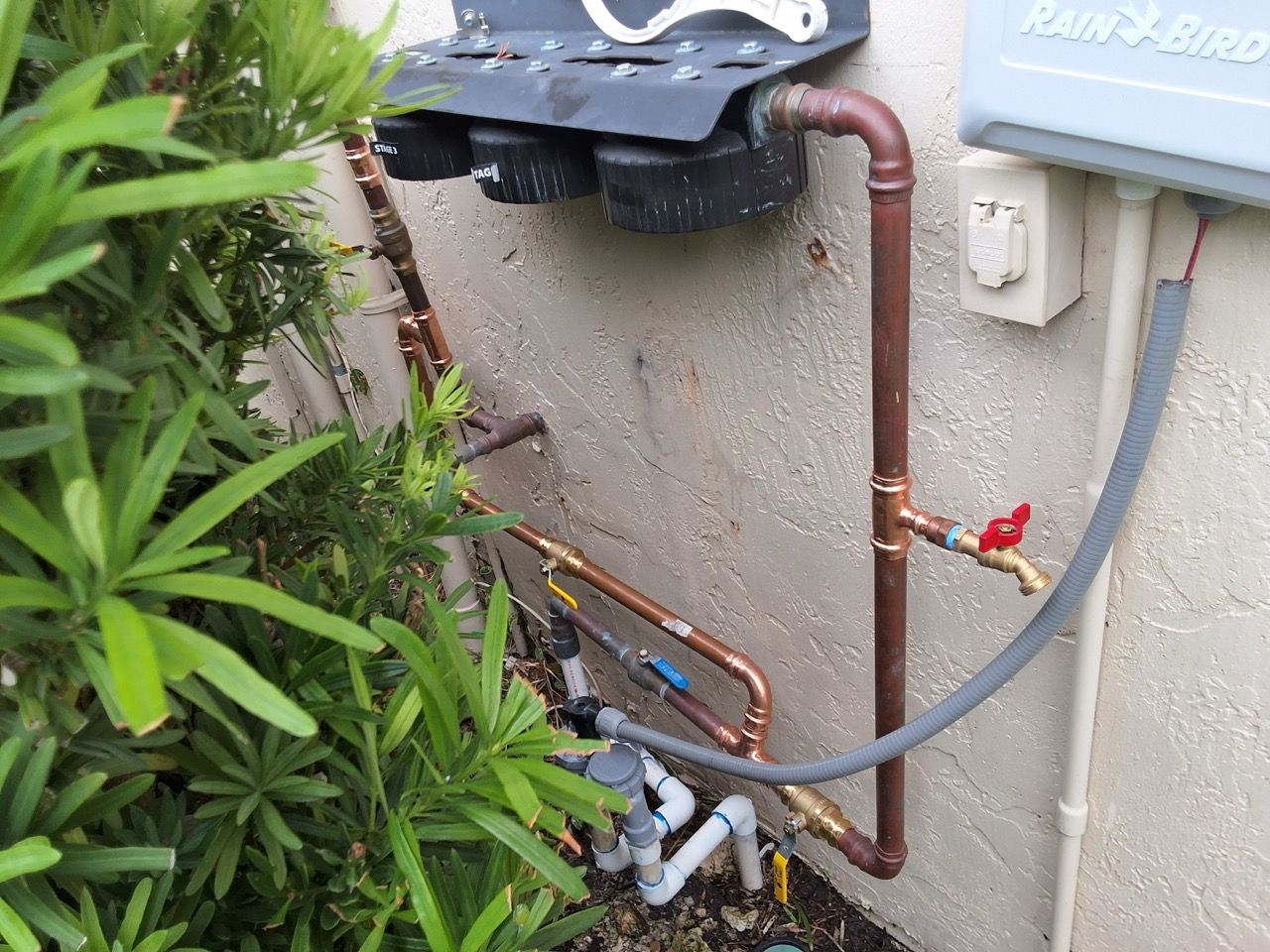 Outdoor utility pipes and hoses beside a house wall, with a red valve and plants in the foreground