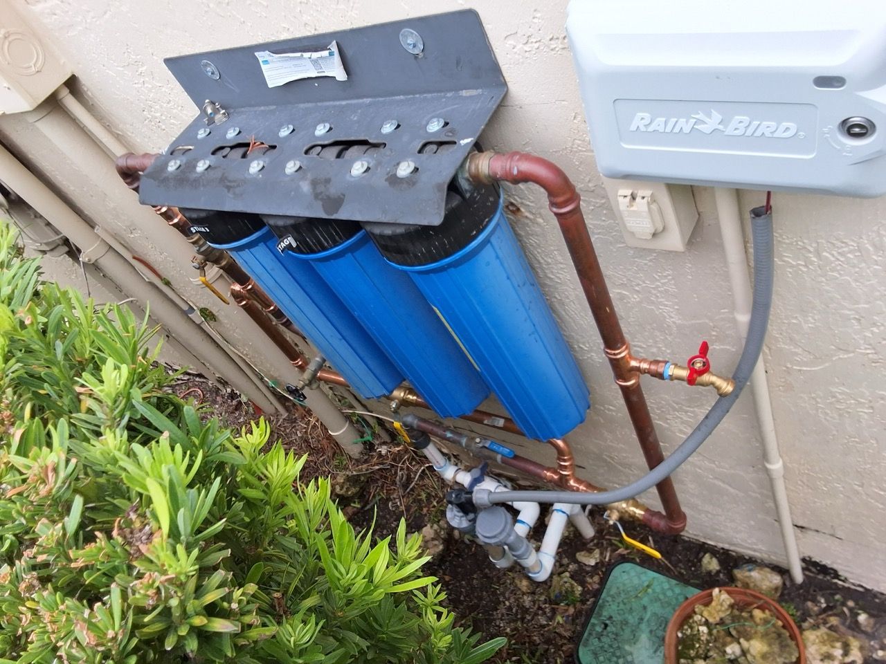 Blue water filter tanks and plumbing mounted beside a house exterior wall.