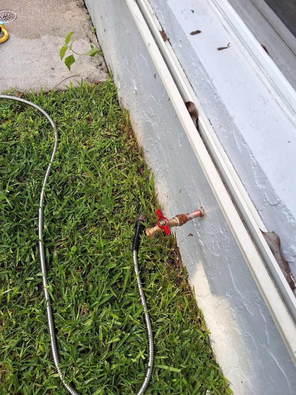 Red water spigot beside a wall, with a black hose lying on grass and concrete.