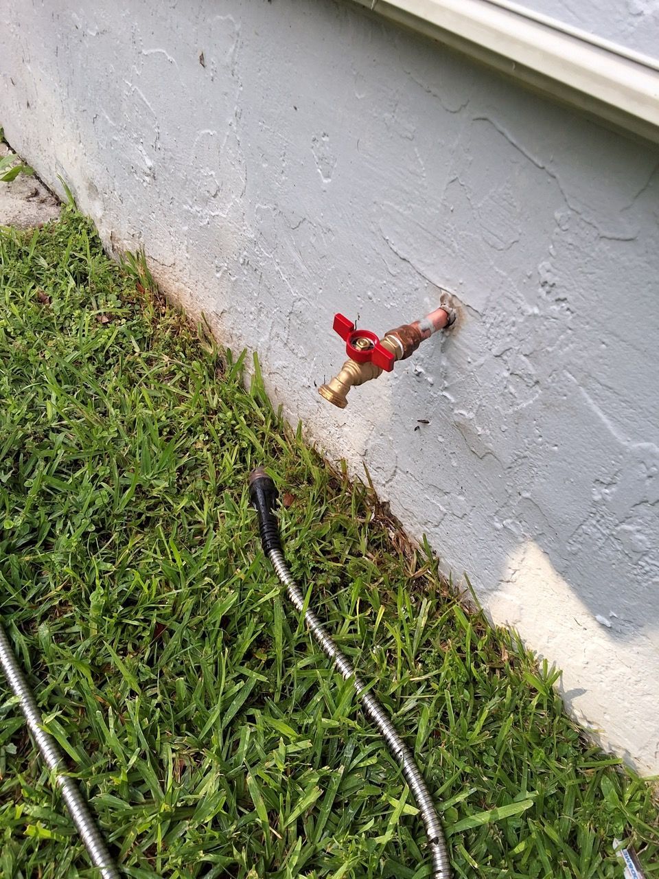 Red outdoor water spigot on a gray wall above green grass and a hose.