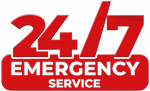 Red 24/7 emergency service sign with bold white text.