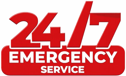 Red 24/7 emergency service sign with bold white text.
