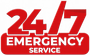 Red 24/7 emergency service sign with bold white text.