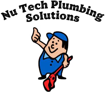 Nu Tech Plumbing Solutions logo with a smiling cartoon plumber in blue overalls and red boots thumbs-up