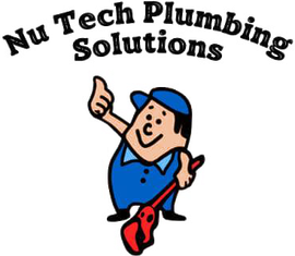 Nu Tech Plumbing Solutions logo with a smiling cartoon plumber in blue overalls and red boots thumbs-up