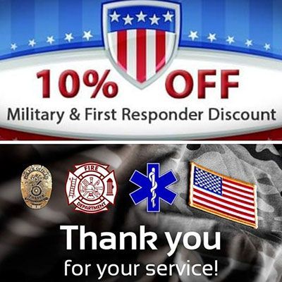 10% off military and first responder discount with service badges and 