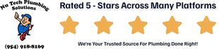 No Tech Plumbing Solutions banner with 5-star rating, gold stars, and “We’re Your Trusted Source For Plumbing Done Right.”