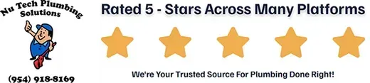 No Tech Plumbing Solutions banner with 5-star rating, gold stars, and “We’re Your Trusted Source For Plumbing Done Right.”